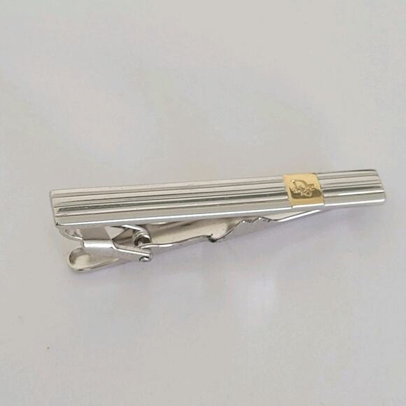 Christian Dior Tie Bar Clip Clasp Silver Gold Tone Logo Vintage Designer Germany - Picture 1 of 7